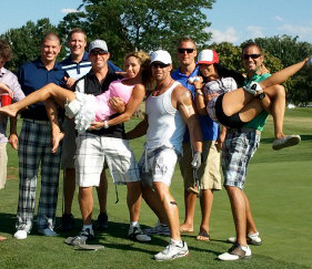 Bachelor party golf caddies on a golf course